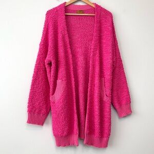 POL Popcorn Cardigan Sweater Open Front Long Pink Pockets Cozy Medium
